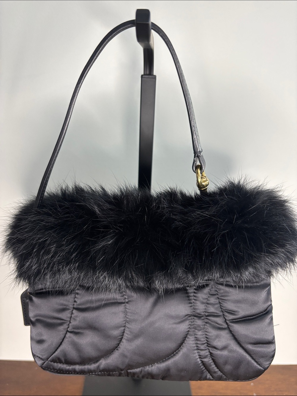 Coach Vintage Y2K Soho Ski Bunny Black Quilted Satin Rabbit Fur Trim Wristlet